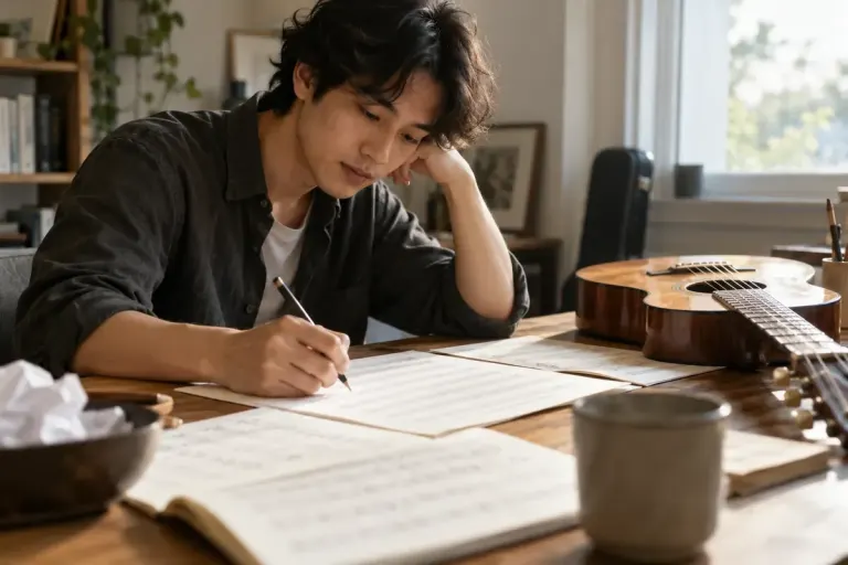 Seorang musisi menulis bagian penutup di kertas musik di dekat gitar.