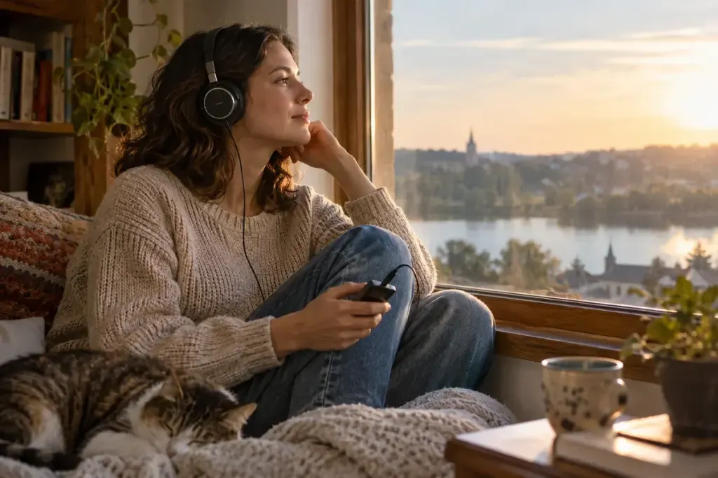 Pendengar memakai headphone di dekat jendela dengan pemutar musik di tangan.
