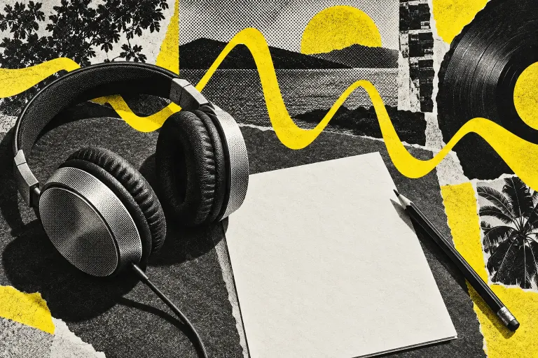 Garis lengkung abstrak, headphone, dan kertas kosong dalam kolase musik kuning dan hitam