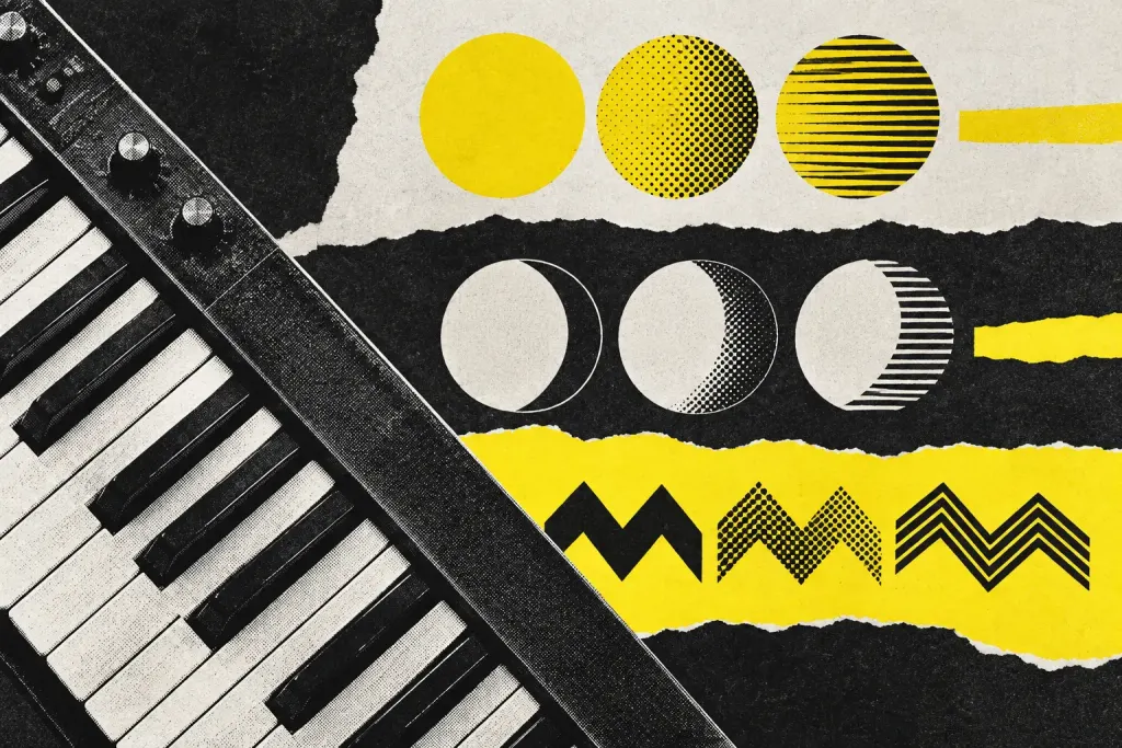 Bentuk-bentuk kecil berulang di sekitar keyboard abstrak, ilustrasi dekoratif tentang motif musik